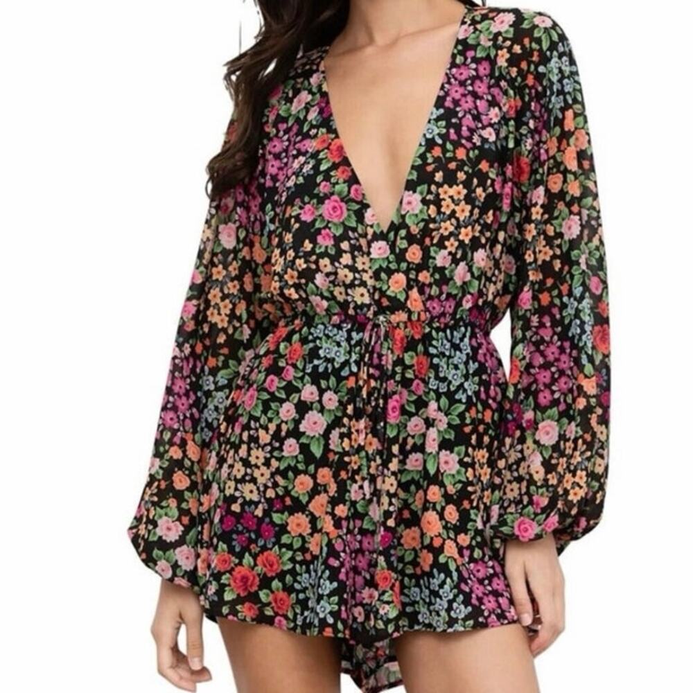 Yumi Kim Kingston Garden Floral Naomi Romper V-Neck Long Sleeve Sz L NWT